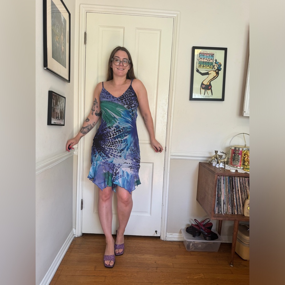 Y2K Vintage Blue Fairy Dress with Abstract Floral Print and Asymmetrical Hem
